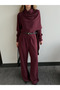 Burgundy Belted Shawl Collar Shirt and Pants Set - 8004 - 4