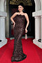 Sequin Fabric Cape Detailed Evening Dress - Brown - 2