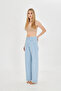 Women's Light Blue Folded-Cuff Jean Trousers – High Waist Comfortable Fit Wide Leg Long Length 100% Cotton Denim - 2