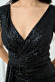 Sequin Shoulder Tassel Beaded Fish Dress - Black - 2