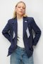 4809 Women's Scarf Detailed Linen Textured Blazer Jacket Navy Blue - 3