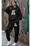 Women's Printed Hooded Top and Bottom Oversize Black/Grey Tracksuit Set