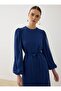 Chiffon Fabric Waist-Tied Hijab Dress - Navy Blue - - 2