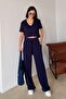 Women's Navy Blue V-Neck Short Sleeve Soft Touch Modal Sports Set - 2