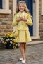 Girl's Collar Scarf Detailed Shirt, Scratched and Pearl Stone Buttoned Chanel Yellow Skirt Set