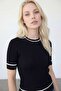 Women's Black Crew Neck Stripe Detailed Short Sleeve Knitwear Blouse - 2