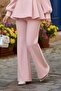 Girl's Collar Pearl Detailed and Lined Blouse Loose Cut Pants Belted Pink Bottom Top Set - 6