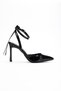 Women's Black Patent Leather Ankle Strap Heeled Shoes with Back Bow Detail
