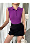 Women's Purple Collared Buttoned Sleeveless Cotton Lycra Camisole Bady - 2