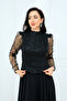 Top Beaded Detailed Bottom Chiffon Long Dress - Black - 5