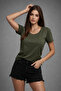 Women's Khaki Cotton Crew Neck Short Sleeve T-Shirt - 2