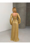 Glittery Fabric Back Detail Slit Maxi Dress Yellow - 7