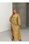 Glittery Fabric Back Detail Slit Maxi Dress Yellow - 2