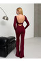 Glittery Scuba Fabric Back Detail Jumpsuit Claret Red - 5