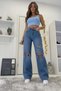 Christian Women's Stretch Fabric Mid-Blue Distressed Super High Waist Relaxed-Leg Stretch Denim Palazzo Jeans Relaxed