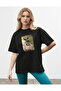 Women's Oversize Blue Leaf Printed Black T-Shirt