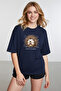 Women's Oversize Cute Hedgehog Printed Navy Blue T-Shirt