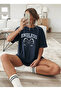 Women's Oversize Endles Printed Navy Blue T-Shirt