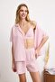 Pembe 3'lü Çeyiz Set Çizgili İp Askılı Poplin Bra-Gömlek-Şortlu Dokuma Pijama Takımı THMSS24PT00121 - 3
