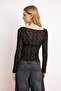 Black Plain Fitted Crew Neck Low Sleeve Long Lace Knitted Blouse Twoss26Bz00441 - 4