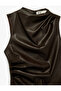 Slim Fit Draped Round Lightweight Mock Neck Sleeveless Faux Leather Blouse - 5