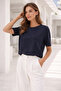 Women's Navy Blue Side Slit Short Sleeve T-Shirt - 4