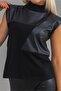 Women's Black Color Faux Leather Combination Cotton Lycra Sleeveless High Collar Tunic - 6