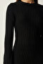 Women's Black Crew Neck Flared Mini Ribbed Knit Dress - 2