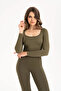 Women's Seamless Knitted Corded Long Sleeve Square Neck Crop Blouse 9010 - 7