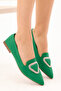 Women's Green Stone Embroidered Triangle Buckle Pointed Toe Ballerinas