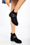 Women's Black Suede Thermo Sole Buckle Zippered Short Heeled Boots - 2