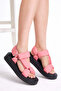 Women's Pink Parachute Fabric Velcro High Sole Sandals - 3