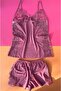 2-Piece Black and Dusty Rose Color Viscose Fabric Lace Nightgown Set with Transparent Sides - 2