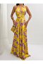 Women's Shawl Patterned Halter Neck Satin Dress - 6