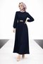 Women's Gold Chain Belt Detailed Crew Neck Twisted Dress - 4