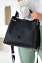 Women's Black Braided 4-Compartment Shoulder Bag and Handbag (33X27 cm) - 3