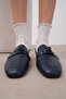 Candy Genuine Leather Navy Blue Women's Blunt Toe Loafers with Bow Accessories - 4
