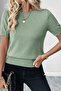 Crew Neck Stretch Fabric Short Sleeve Mint Blouse - 6