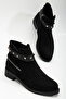 Women's Black Suede Thermo Sole Stone Rope Zippered Short Heeled Boots - 3
