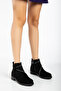 Women's Black Suede Thermo Sole Stone Rope Zippered Short Heeled Boots - 2