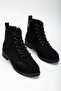 Women's Black Suede Thermo Sole Lace and Zipper Short Heeled Boots - 3