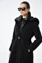 Fur Detailed Hooded Long Inflatable Black Coat 12765 - 4