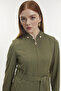 Collar Detailed Zippered Belted Dark Beige Khaki Overcoat 13789 - 2
