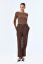 Elastic Waist Button Detailed Cigarette Brown Trousers 0251 - 4