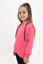 Girl's Oversized Hooded Drawstring Low Shoulder Embroidered Printed Slit Sweatshirt - 2 Yarns - 2