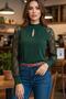 Sandy Blouse with Chest Cutout, Detailed Collar, High Neck, and Tulle Sleeves—Green