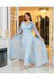 Éclore - Tulle Sleeve & Draped Chiffon Cape Detail Jumpsuit Evening Dress