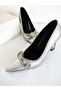 Transparent Heel Pointed Toe Silver Evening Dress Shoes with Jewelled Bow on the Front - 6