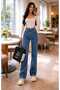 Solid Blue 90's Lycra Super High Waist Loose Jeans Palazzo Trousers. (SUPER HIGH) - 4