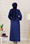Floor Detailed Eflan Satin Evening Dress-Navy Blue - 5